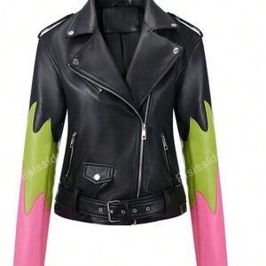 New Faux Leather Pink/Green accent sleeved Moto Jacket w/ Color-Block Design